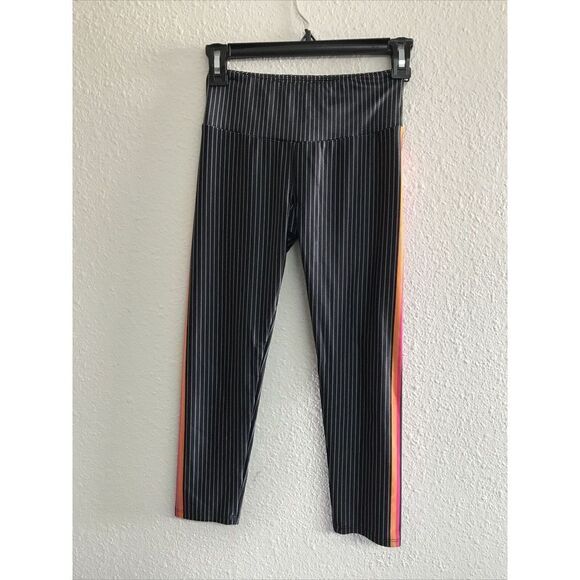 Goldsheep Women Black Striped Crop High Waist Leggings XS Rainbow  Stretch USA - Picture 2 of 7